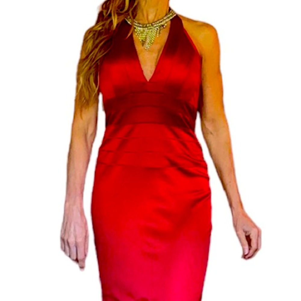 Red Satin evening gown size 6p boutique